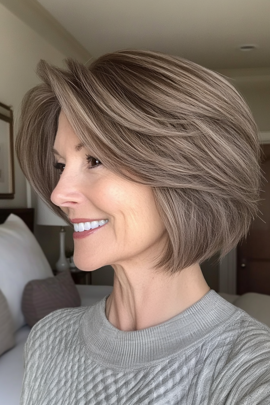 1. Classic Feathered Bob with Ash Brown Highlights (Short Layered Bob Hairstyles For Older Women) - Short Layered Bob Hairstyles For Older Women