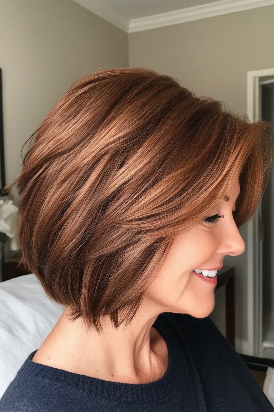 2. Textured Bob with Warm Chestnut Tones (Short Layered Bob Hairstyles For Older Women) - Short Layered Bob Hairstyles For Older Women