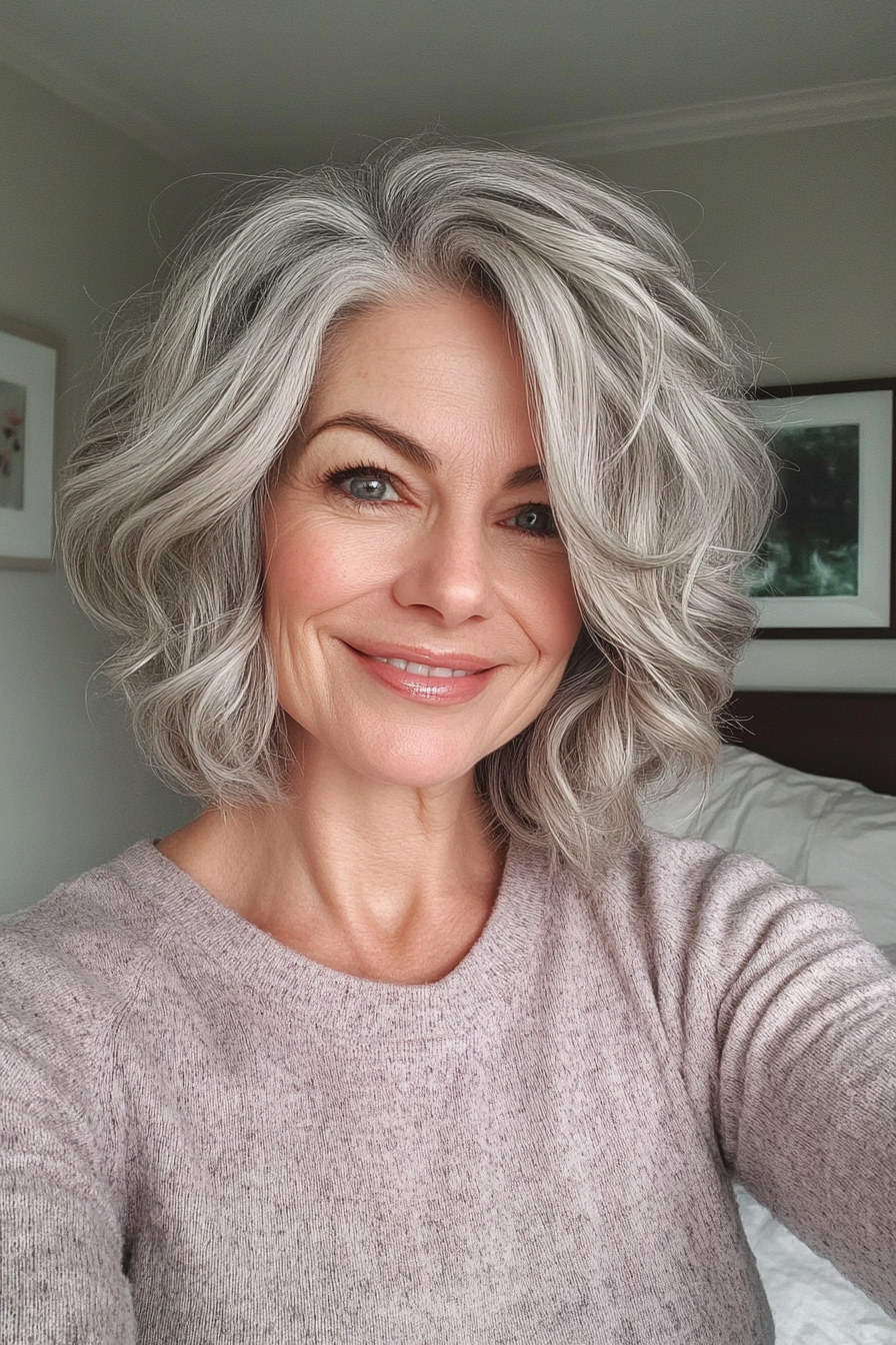 4. Wavy Bob with Salt-and-Pepper Blend (Short Layered Bob Hairstyles For Older Women) - Short Layered Bob Hairstyles For Older Women