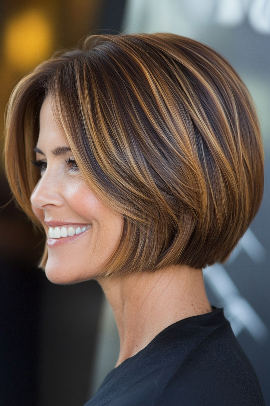 5. Blunt Bob with Subtle Caramel Highlights (Short Layered Bob Hairstyles For Older Women) - Short Layered Bob Hairstyles For Older Women