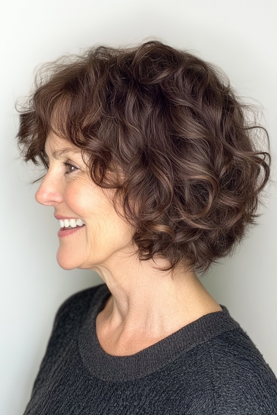 6. Curly Layered Bob in Dark Chocolate Brown (Short Layered Bob Hairstyles For Older Women) - Short Layered Bob Hairstyles For Older Women