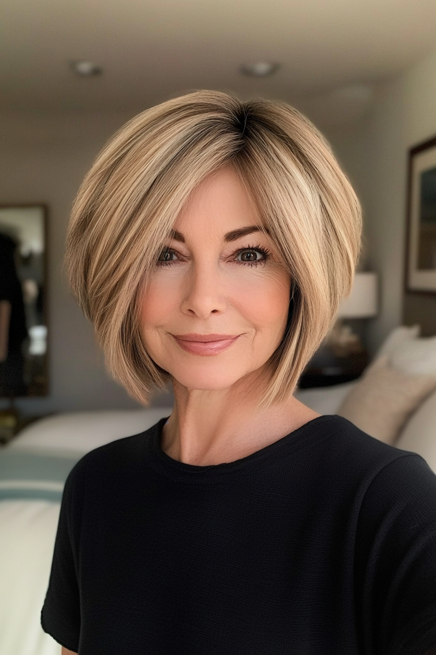 7. Side-Parted Bob with Honey Blonde Balayage (Short Layered Bob Hairstyles For Older Women) - Short Layered Bob Hairstyles For Older Women