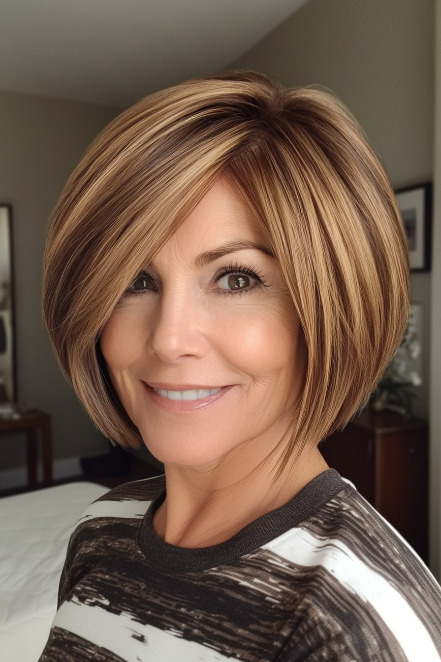8. Angled Bob with Golden Brown Undertones (Short Layered Bob Hairstyles For Older Women) - Short Layered Bob Hairstyles For Older Women