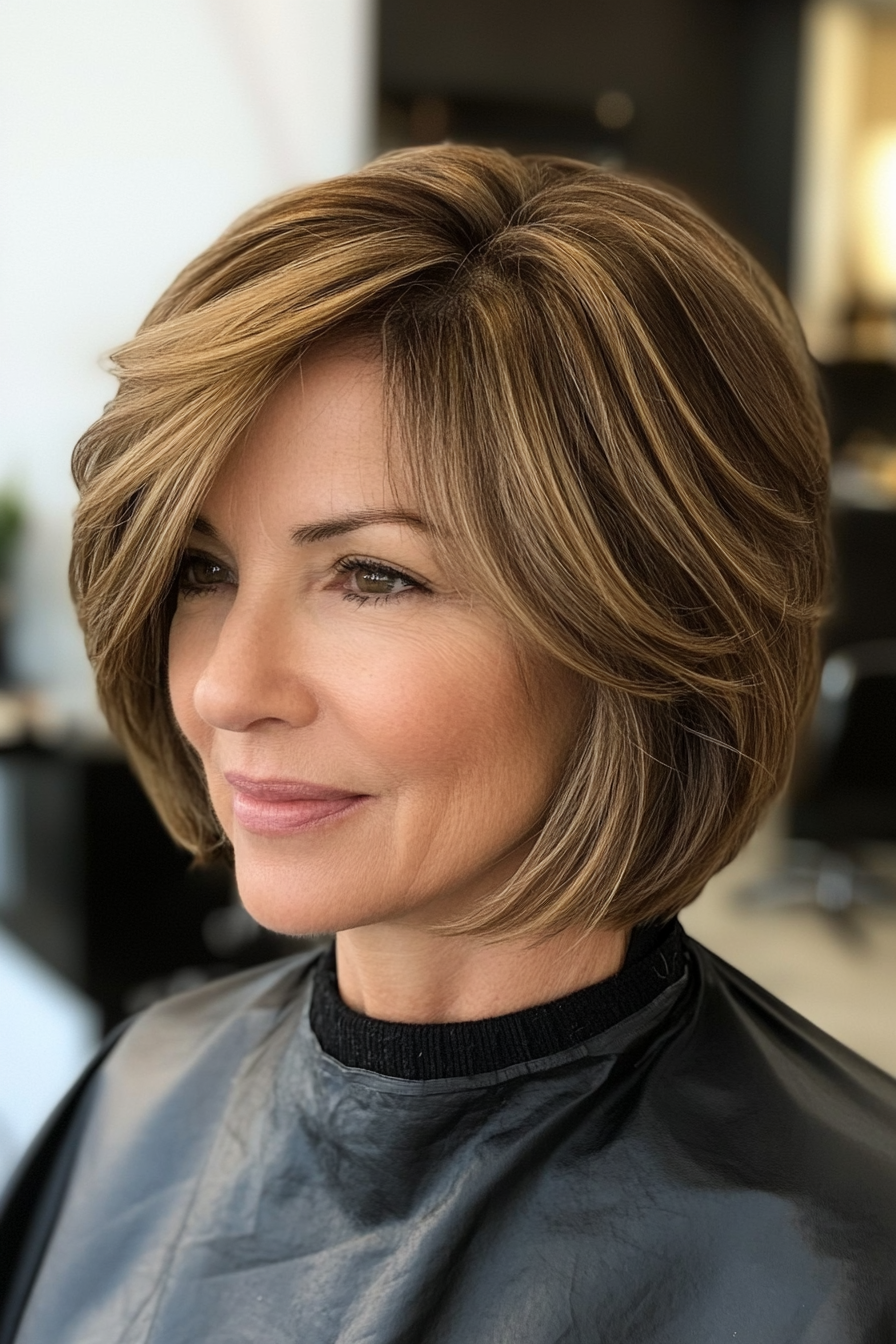 12. Soft Layered Bob in Warm Honey Brown (Short Layered Bob Hairstyles For Older Women) - Short Layered Bob Hairstyles For Older Women