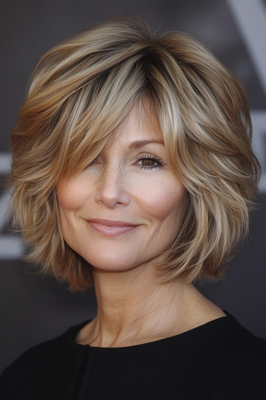 14. Fluffy Bob with Beige Blonde Highlights (Short Layered Bob Hairstyles For Older Women) - Short Layered Bob Hairstyles For Older Women