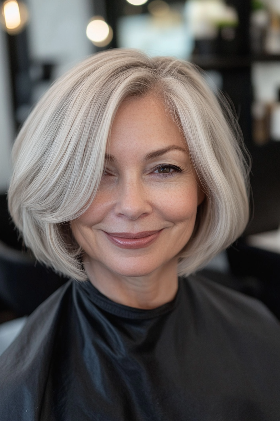 15. Curved Bob in Cool Ash Blonde (Short Layered Bob Hairstyles For Older Women) - Short Layered Bob Hairstyles For Older Women