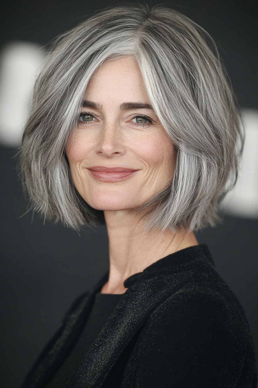 16. Cropped Bob with Charcoal Gray Undertones (Short Layered Bob Hairstyles For Older Women) - Short Layered Bob Hairstyles For Older Women
