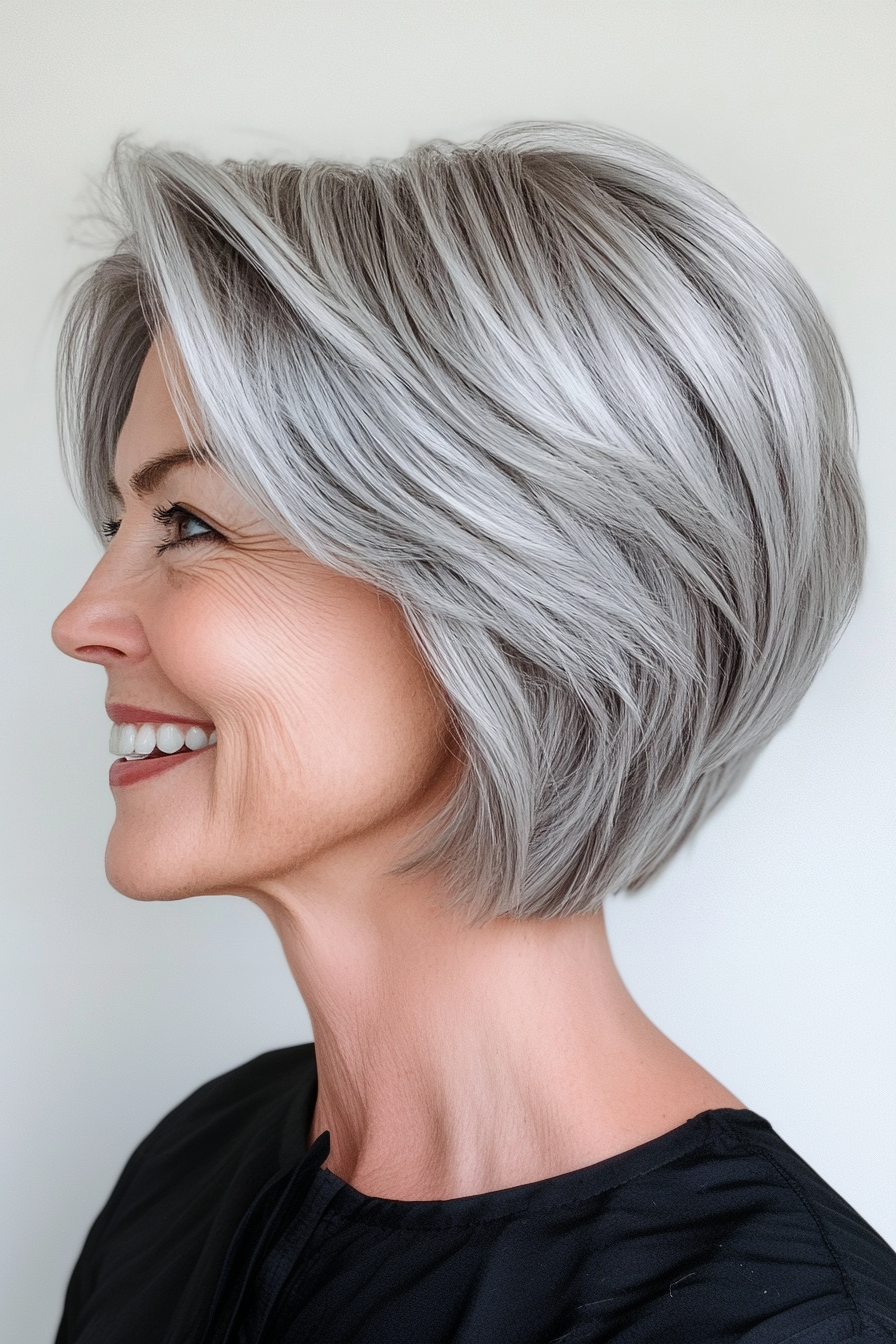 18. Short Stacked Bob in Smoky Silver (Short Layered Bob Hairstyles For Older Women) - Short Layered Bob Hairstyles For Older Women