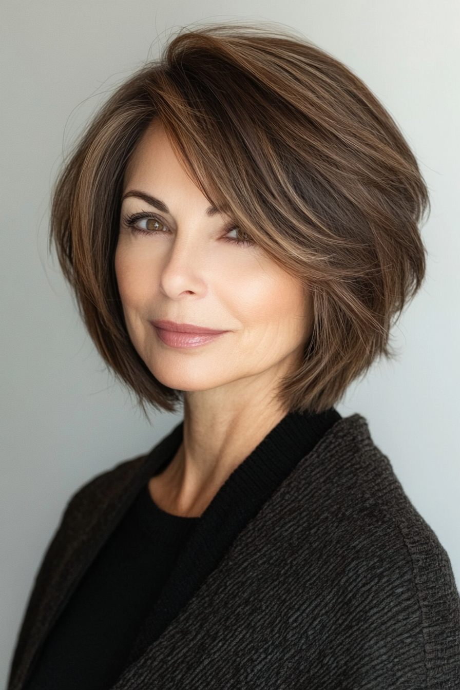 19. Side-Swept Bob with Deep Walnut Tones (Short Layered Bob Hairstyles For Older Women) - Short Layered Bob Hairstyles For Older Women