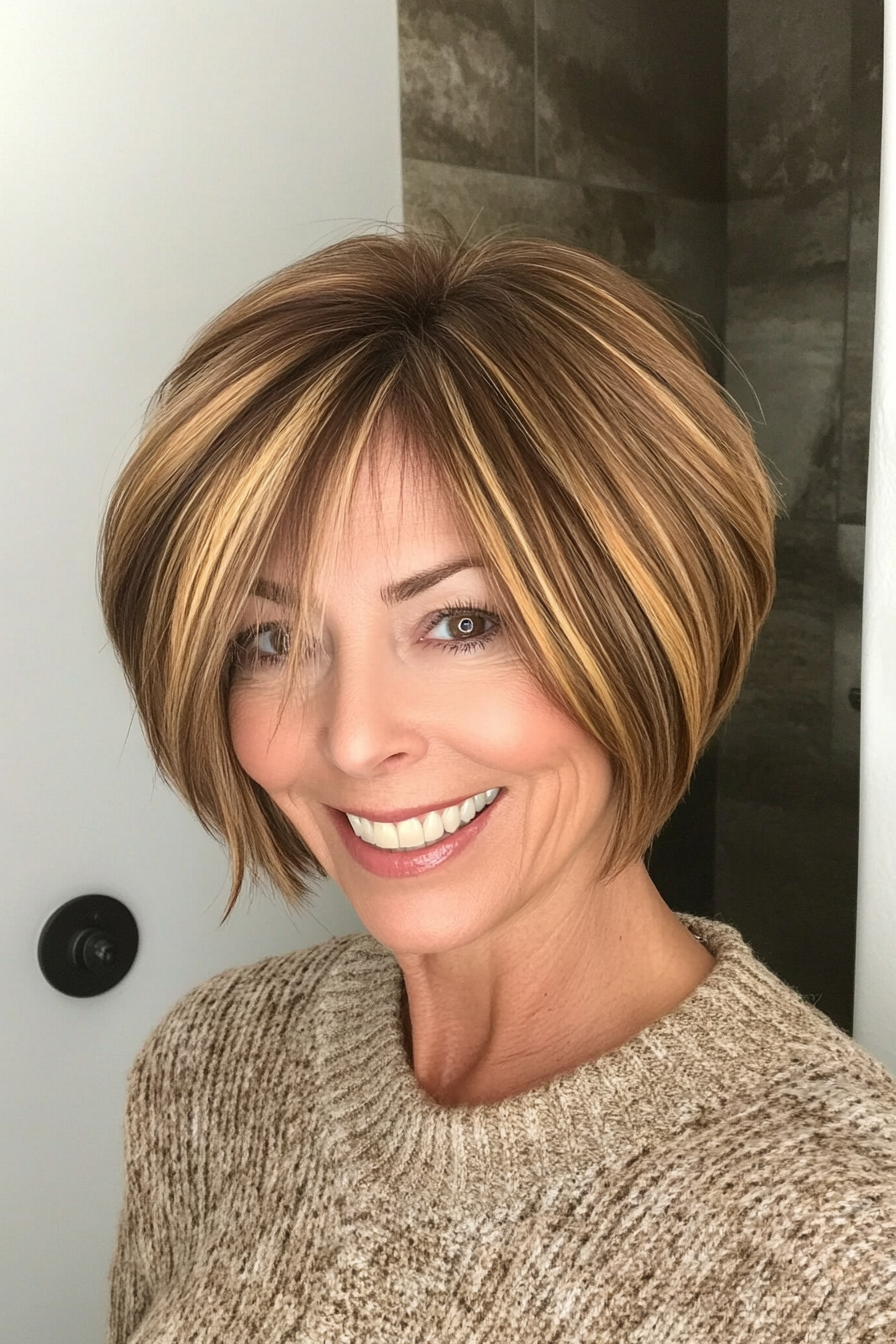 21. Asymmetrical Bob with Golden Honey Highlights (Short Layered Bob Hairstyles For Older Women) - Short Layered Bob Hairstyles For Older Women