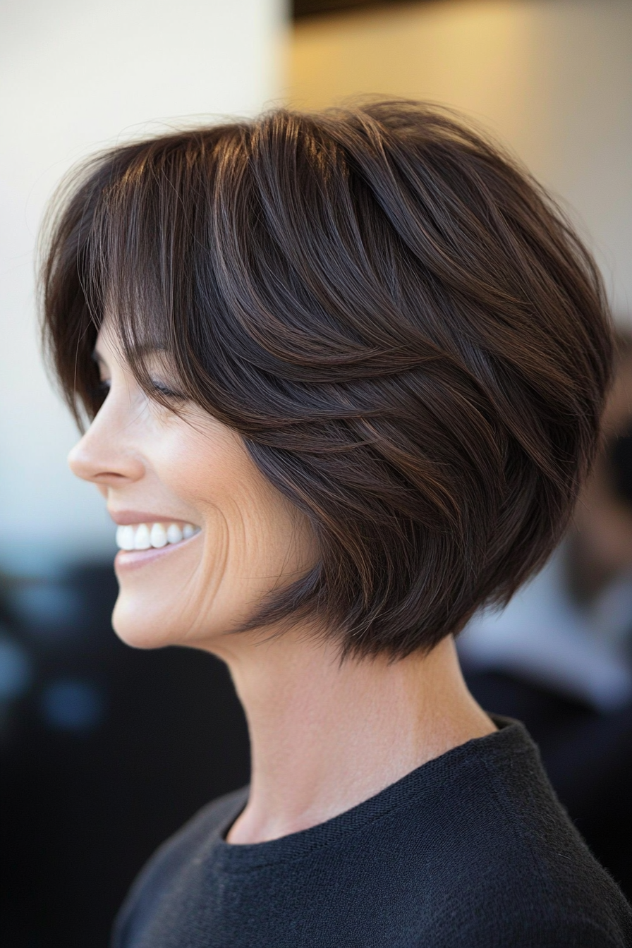 22. Voluminous Bob in Dark Espresso (Short Layered Bob Hairstyles For Older Women) - Short Layered Bob Hairstyles For Older Women