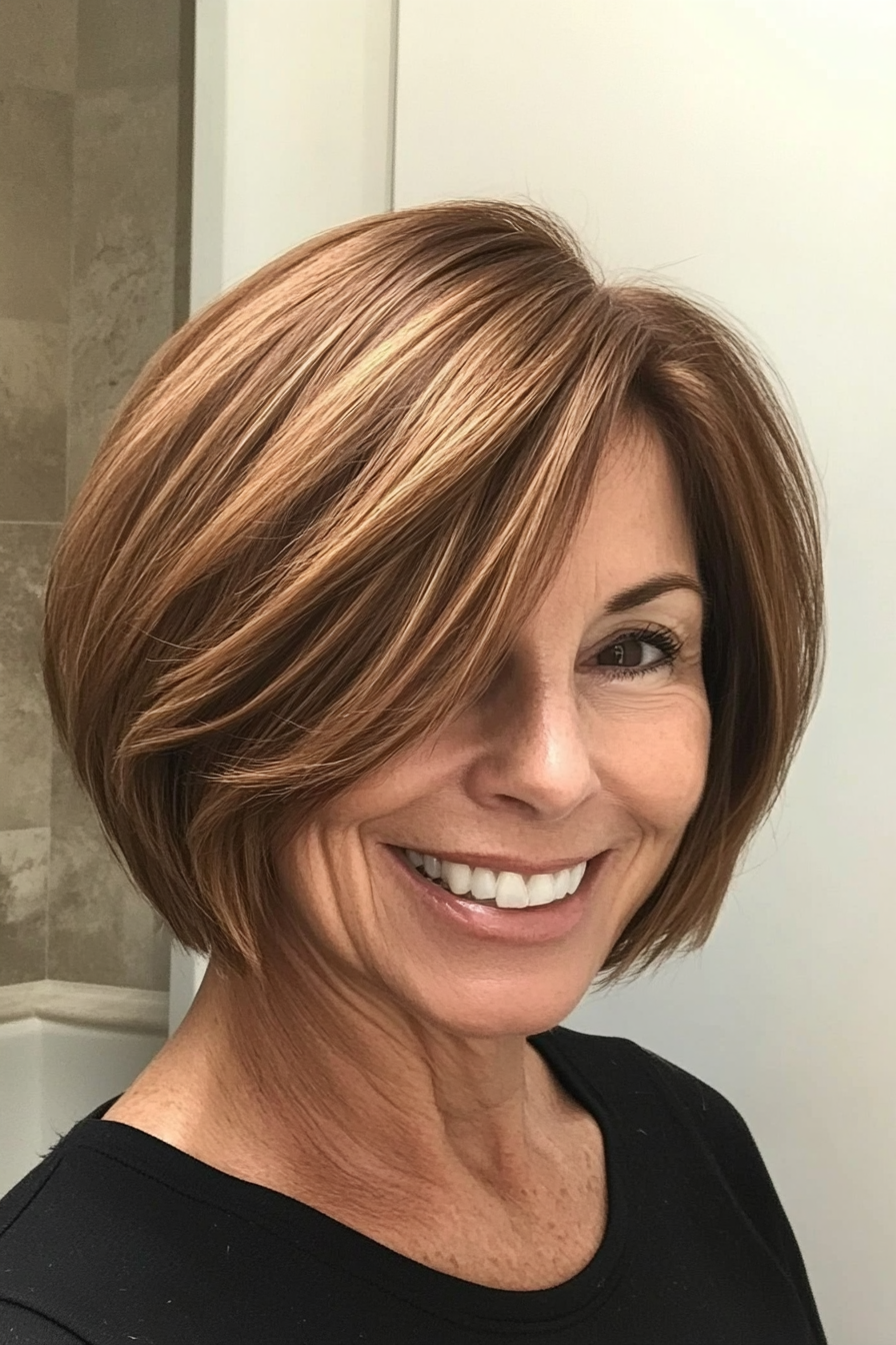 23. Face-Framing Bob with Amber Brown Hues (Short Layered Bob Hairstyles For Older Women) - Short Layered Bob Hairstyles For Older Women