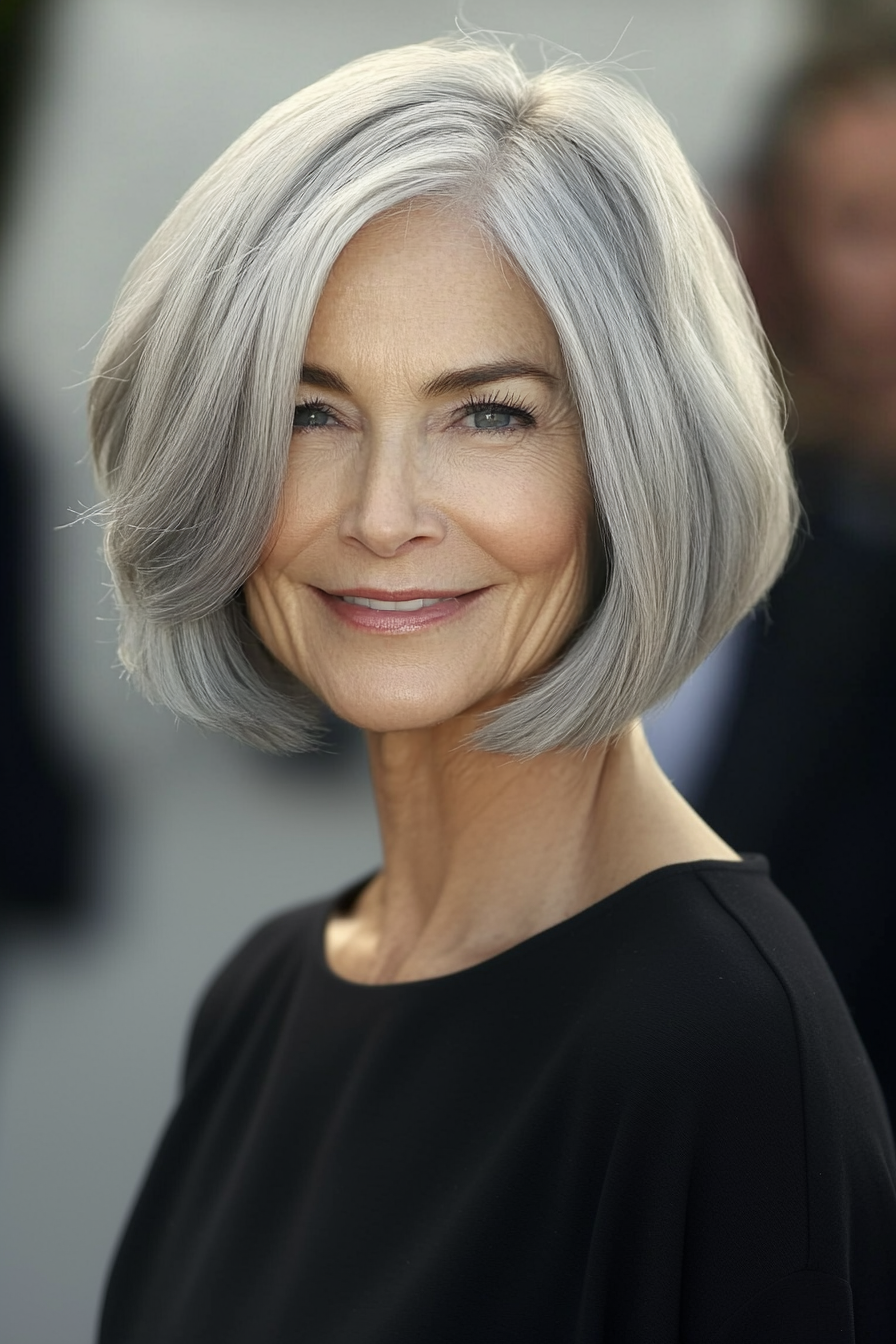 24. Classic Rounded Bob in Soft Gray (Short Layered Bob Hairstyles For Older Women) - Short Layered Bob Hairstyles For Older Women