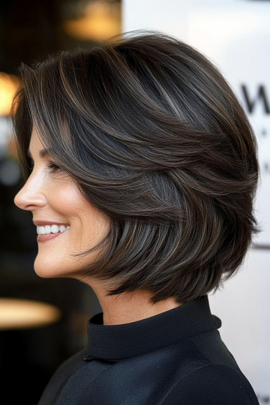26. Long-Layered Bob in Dark Ash Brown (Short Layered Bob Hairstyles For Older Women) - Short Layered Bob Hairstyles For Older Women