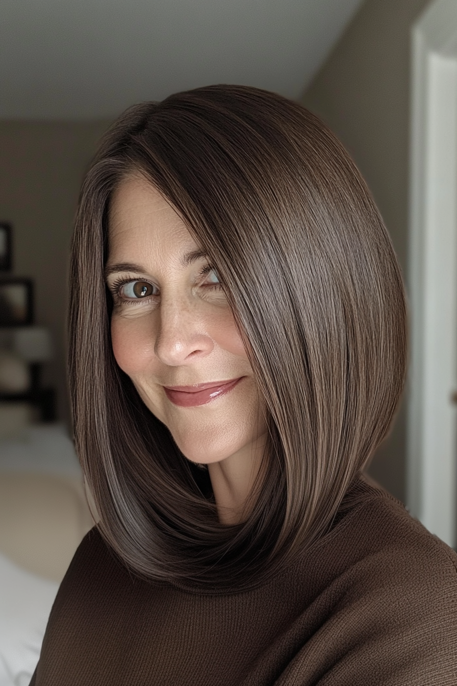 6. Blunt Lob in Dark Chocolate (Hairstyles For Older Women With Fine Hair) - Hairstyles For Older Women With Fine Hair