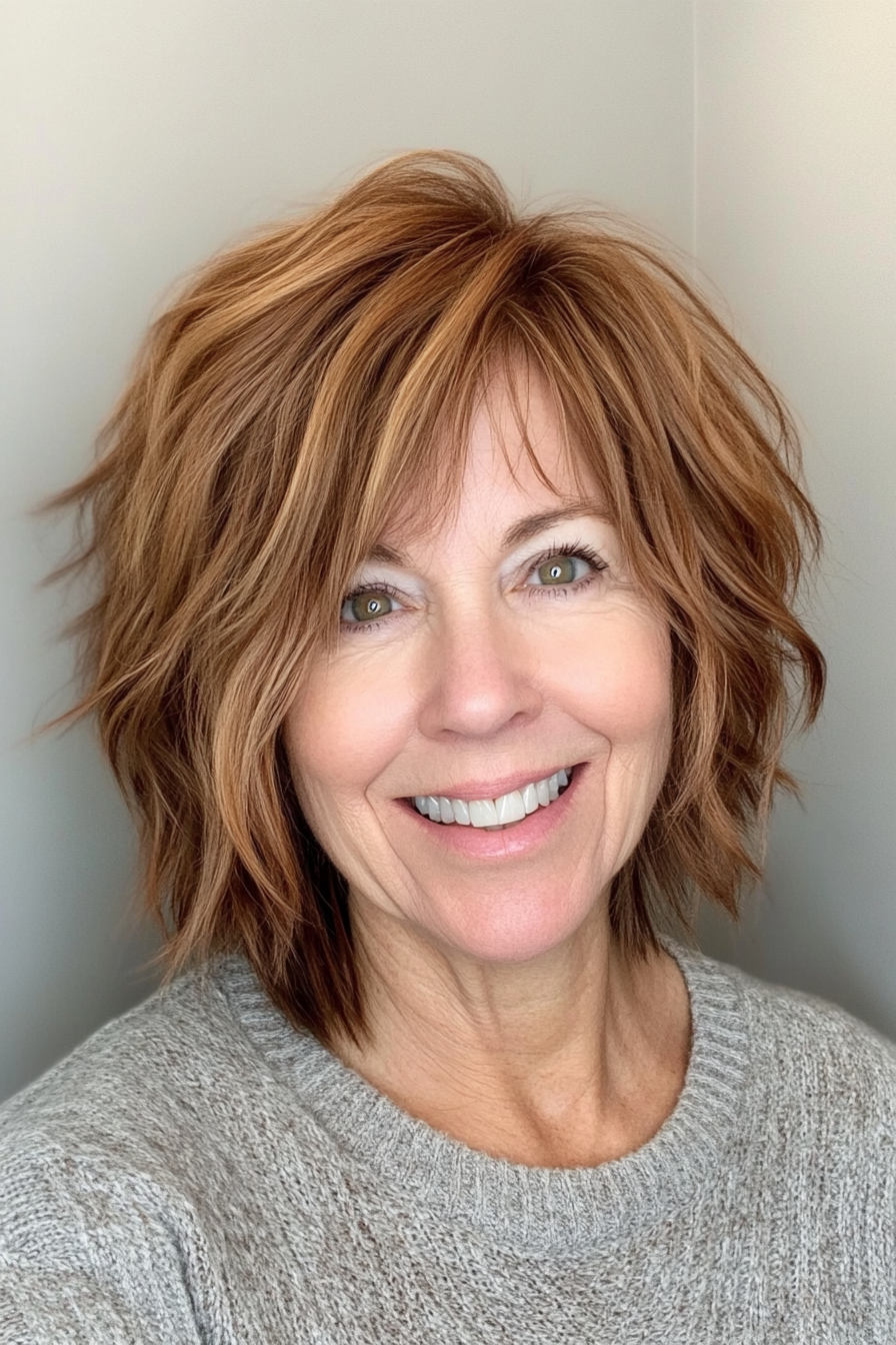 12. Shaggy Bob in Caramel Brown (Hairstyles For Older Women With Fine Hair) - Hairstyles For Older Women With Fine Hair