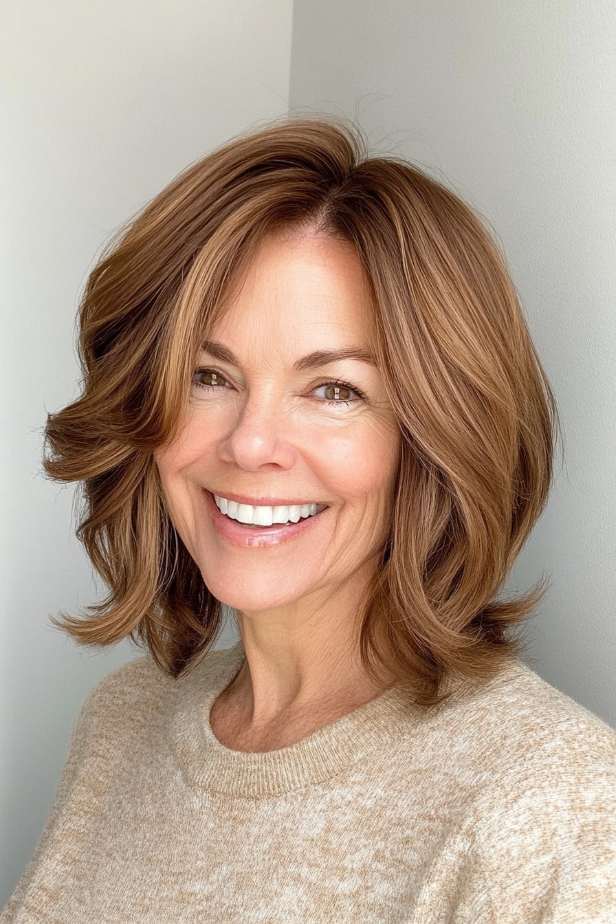 15. Voluminous Lob in Golden Brown (Hairstyles For Older Women With Fine Hair) - Hairstyles For Older Women With Fine Hair