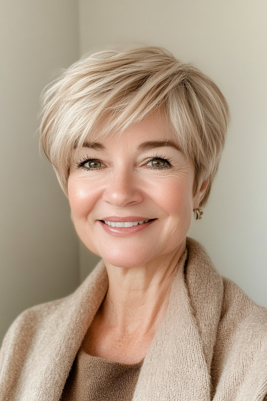 17. Layered Pixie in Champagne Blonde (Hairstyles For Older Women With Fine Hair) - Hairstyles For Older Women With Fine Hair