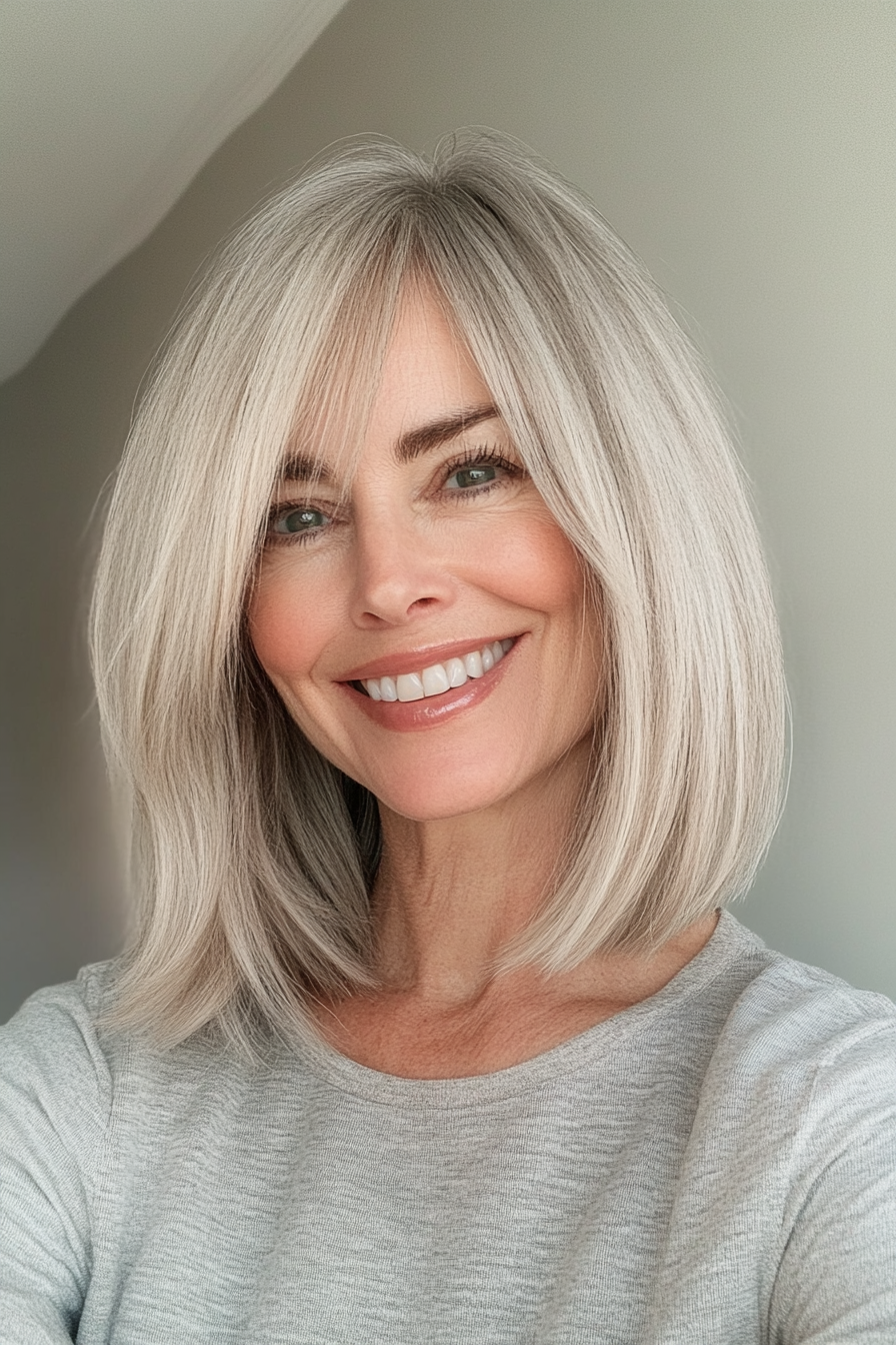 23. Fringed Lob in Ash Blonde (Hairstyles For Older Women With Fine Hair) - Hairstyles For Older Women With Fine Hair