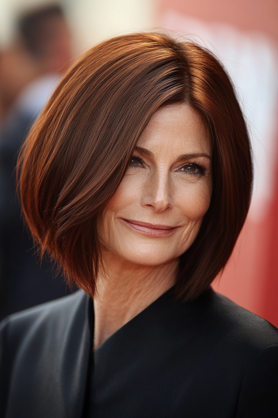 26. Asymmetrical Bob in Dark Auburn (Hairstyles For Older Women With Fine Hair) - Hairstyles For Older Women With Fine Hair