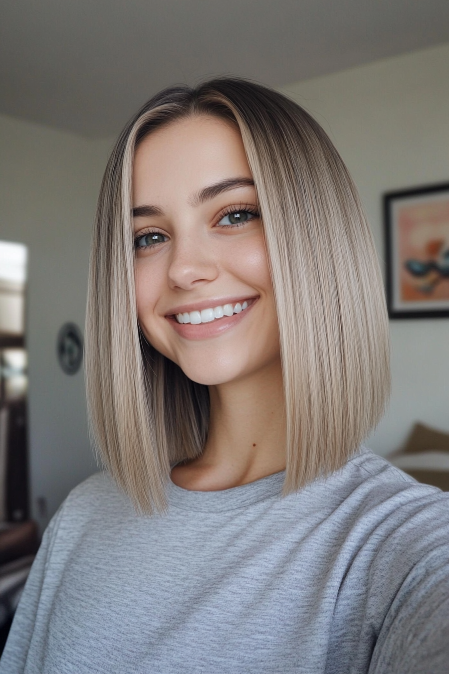 2. Blunt Cut with Ash Blonde Highlights (Hairstyles For Thin Straight Hair) - Hairstyles For Thin Straight Hair