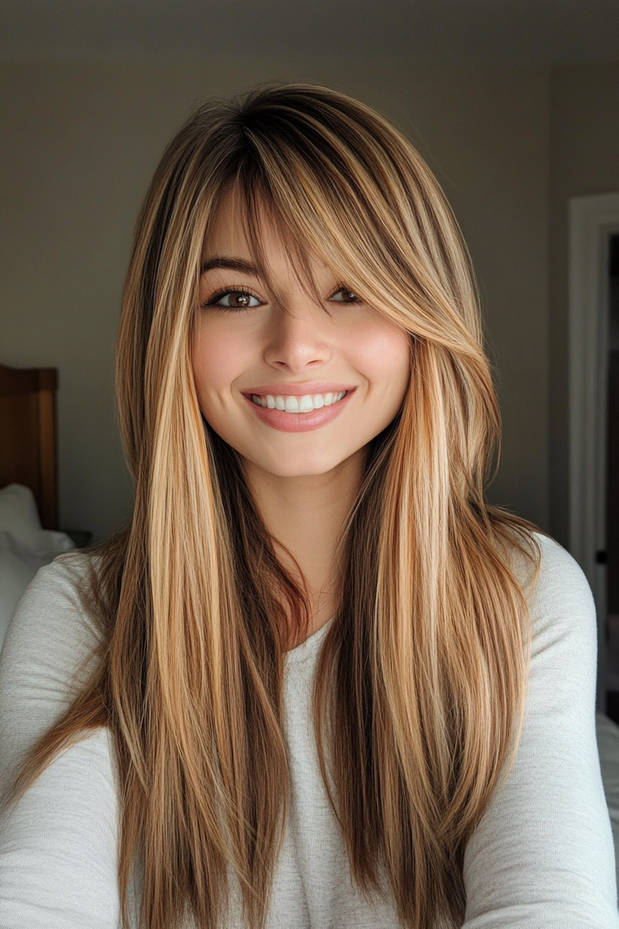 3. Curtain Bangs with Golden Honey Balayage (Hairstyles For Thin Straight Hair) - Hairstyles For Thin Straight Hair