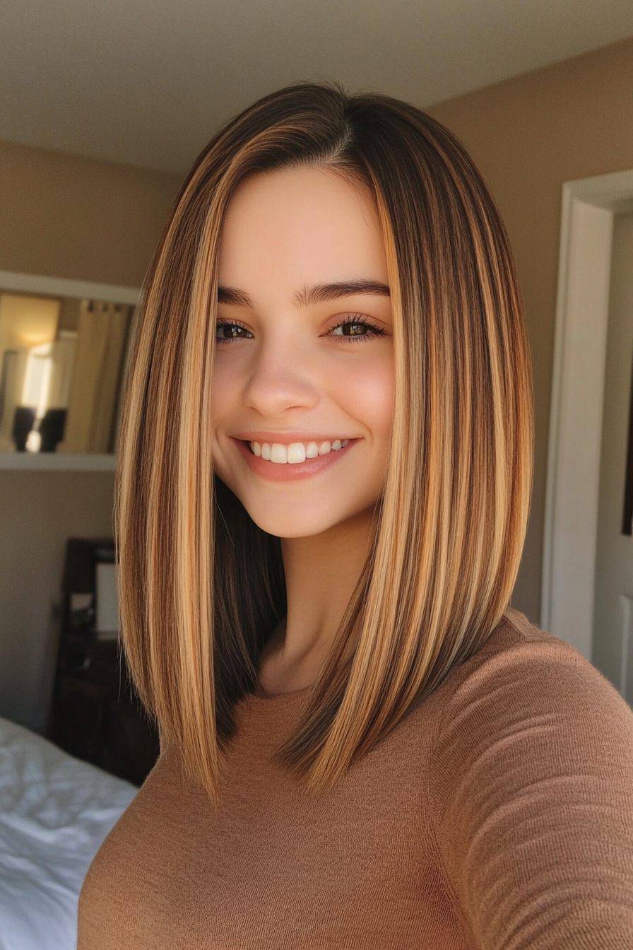 5. Classic Shoulder-Length Cut with Warm Caramel Streaks (Hairstyles For Thin Straight Hair) - Hairstyles For Thin Straight Hair