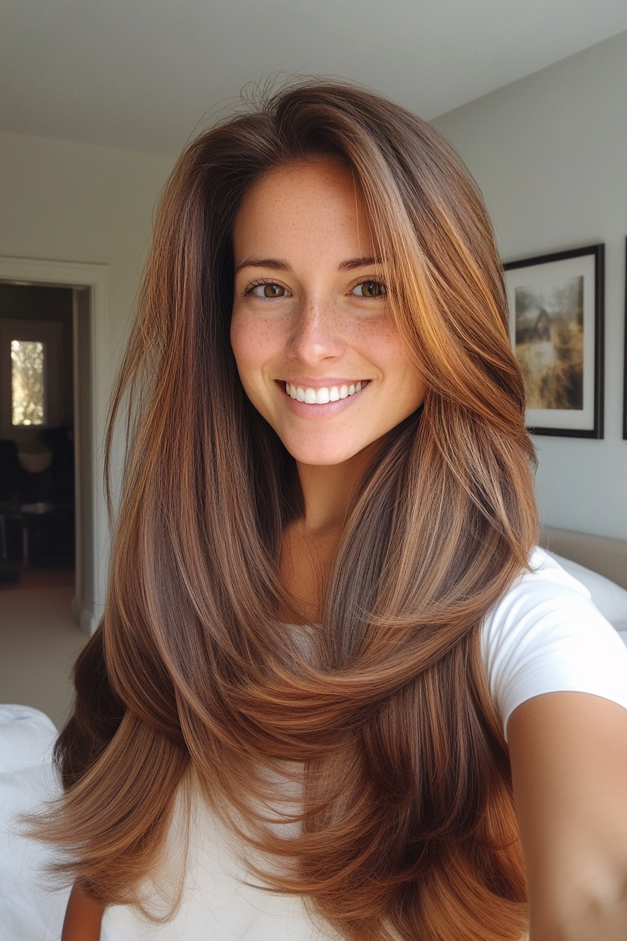 9. Feathered Ends in Soft Mahogany (Hairstyles For Thin Straight Hair) - Hairstyles For Thin Straight Hair