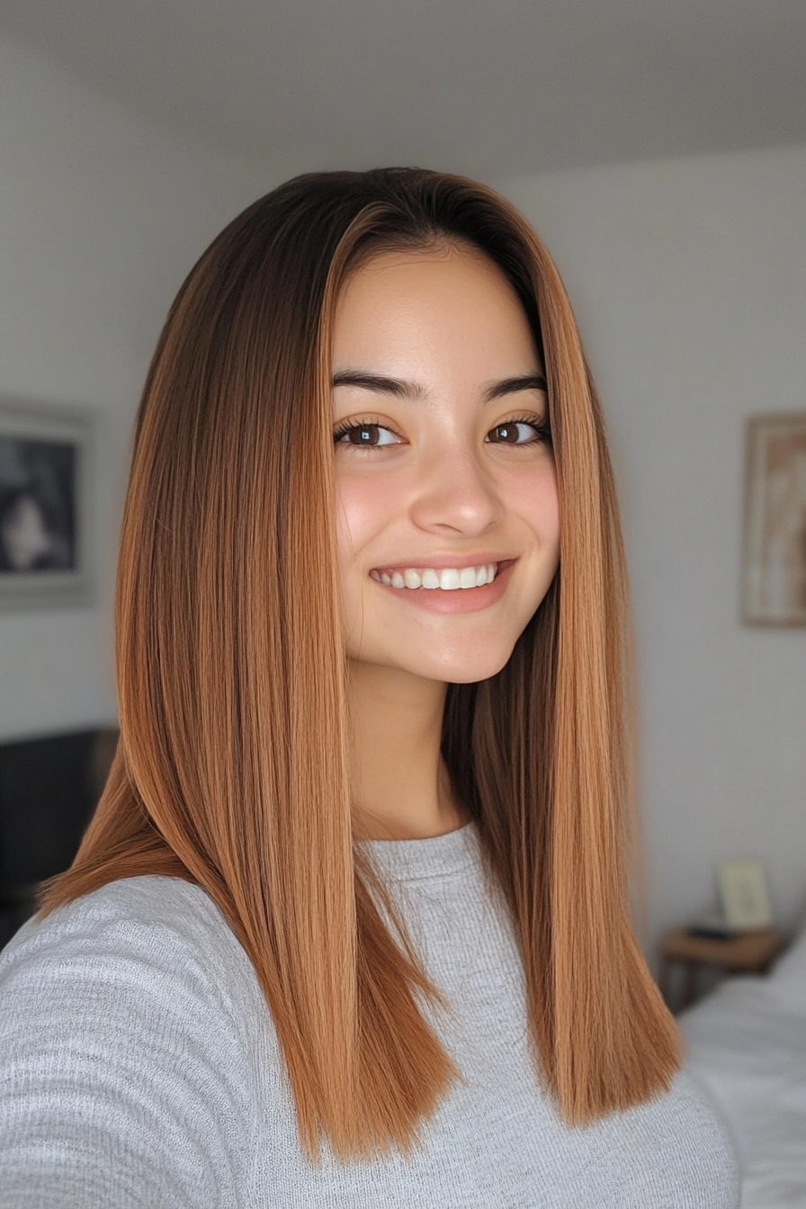 10. Straight Cut with Light Cinnamon Brown Ombre (Hairstyles For Thin Straight Hair) - Hairstyles For Thin Straight Hair