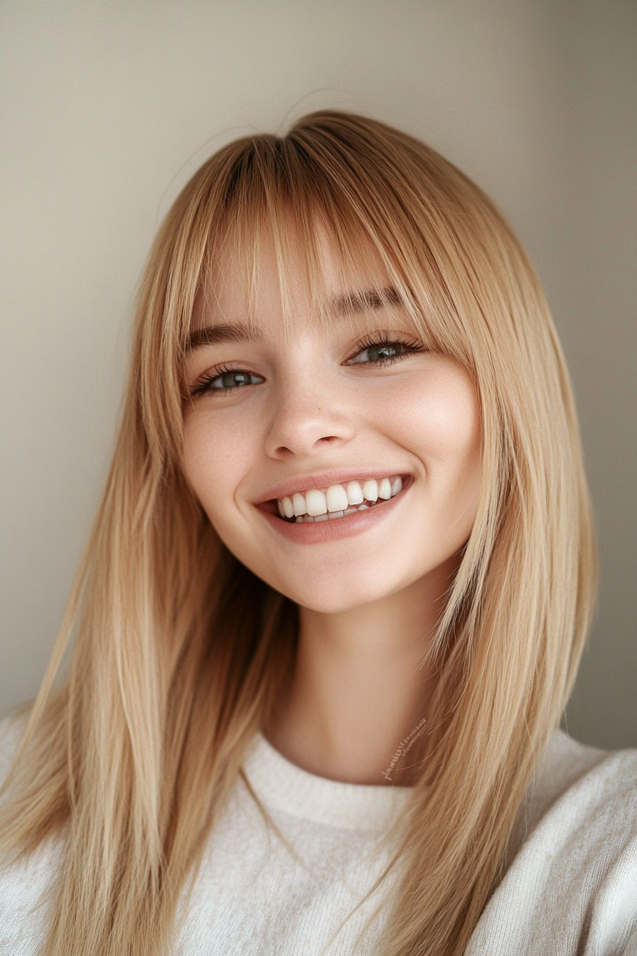 16. Straight Bangs with Golden Blonde Base (Hairstyles For Thin Straight Hair) - Hairstyles For Thin Straight Hair
