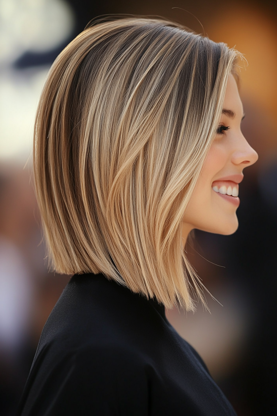 23. Angled Bob with Sand Blonde Balayage (Hairstyles For Thin Straight Hair) - Hairstyles For Thin Straight Hair