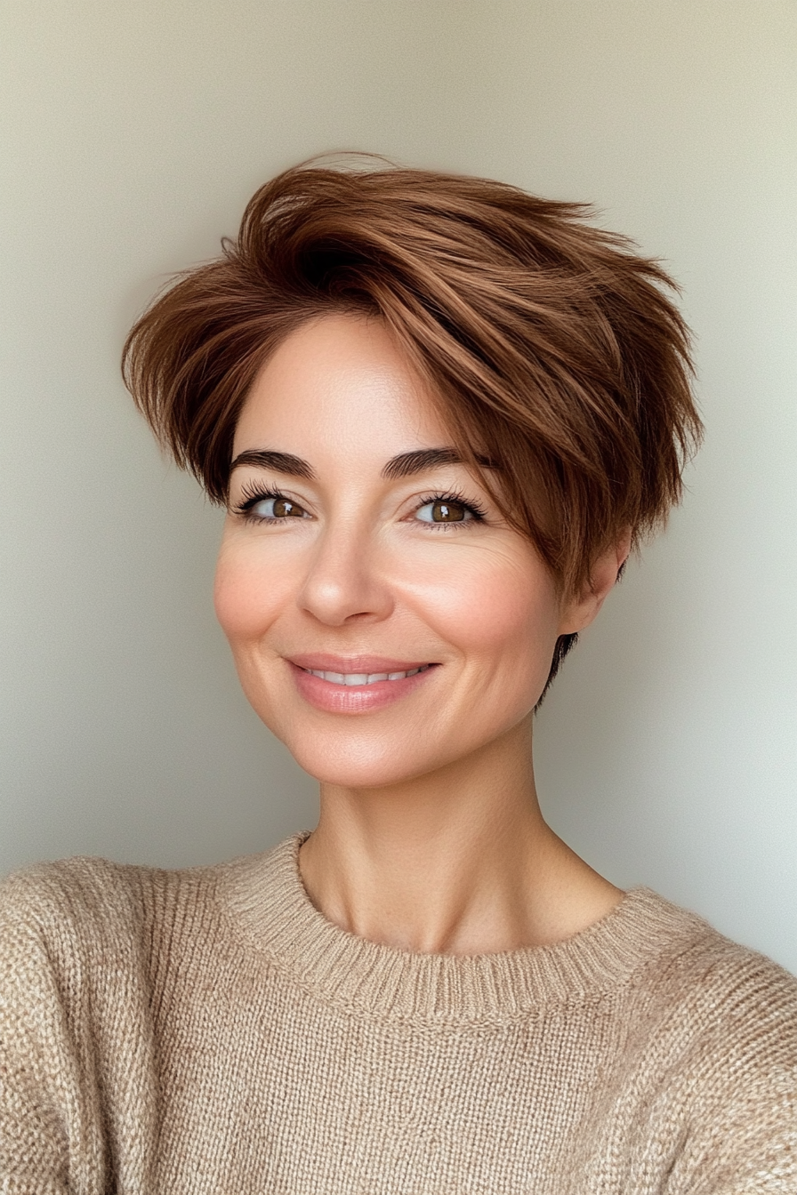 1. Textured Pixie in Warm Chestnut (Long Pixie Cut) - Long Pixie Cut