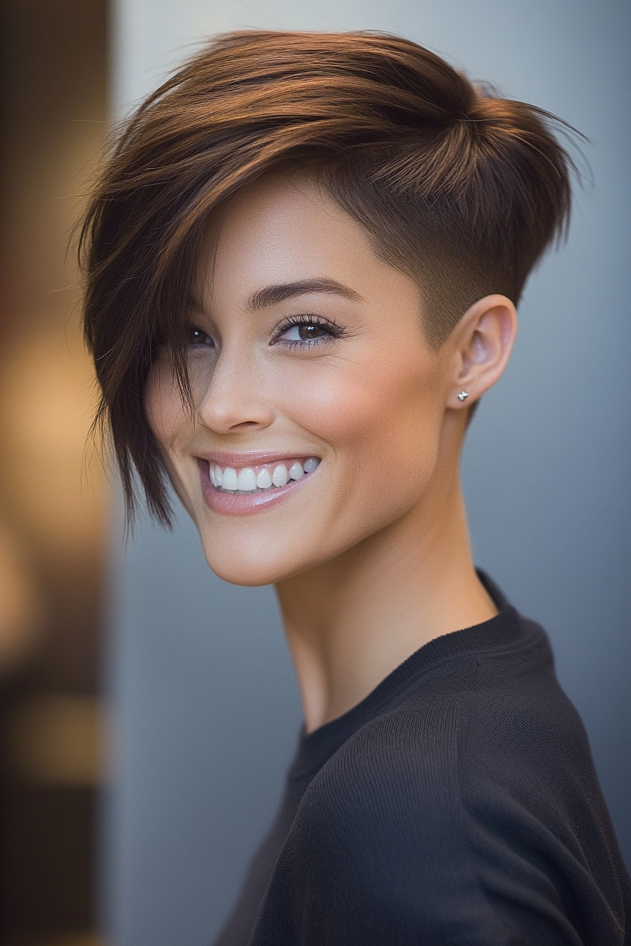 7. Side-Swept Pixie in Cool Ash Brown (Long Pixie Cut) - Long Pixie Cut