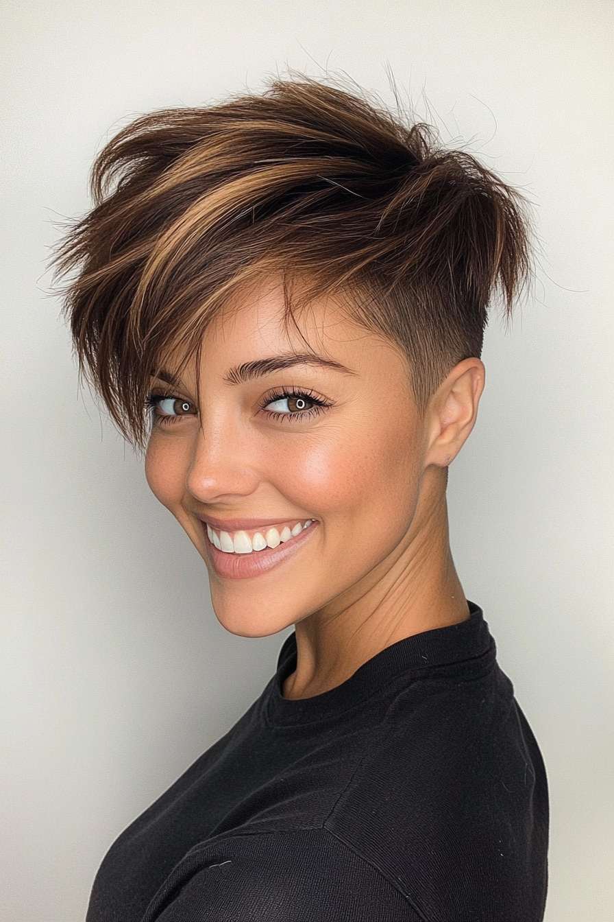 14. Edgy Pixie in Medium Brown with Highlights (Long Pixie Cut) - Long Pixie Cut