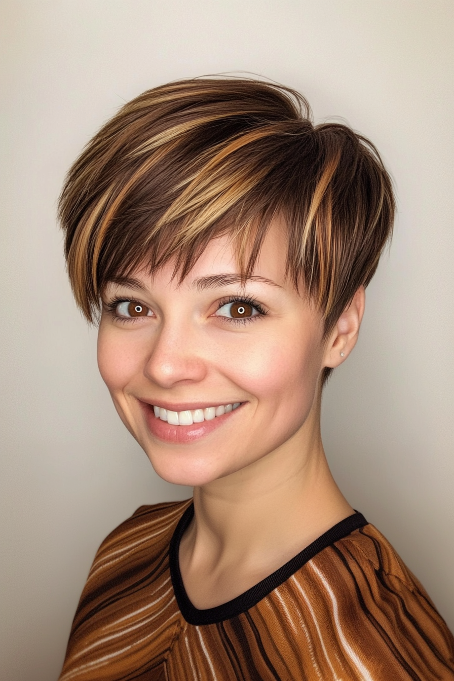 18. Feminine Pixie in Chocolate Brown with Caramel Highlights (Long Pixie Cut) - Long Pixie Cut