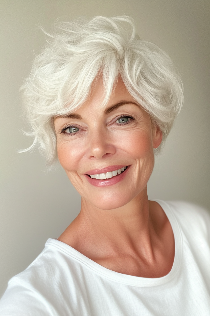 10. Pearly White Pixie with Soft Waves (Pixie Hairstyles For Women Over 50) - Pixie Hairstyles For Women Over 50