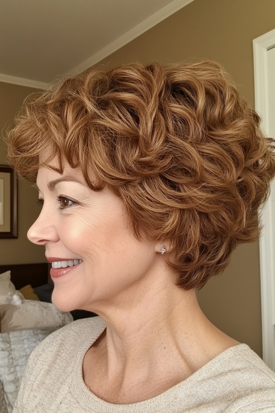 11. Golden Brown Curled Pixie (Pixie Hairstyles For Women Over 50) - Pixie Hairstyles For Women Over 50