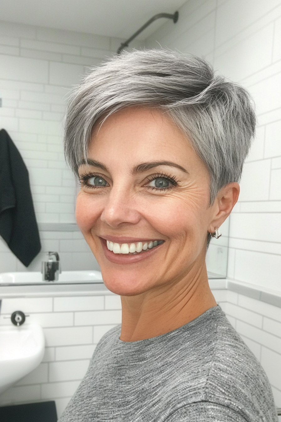 12. Ash Gray Short Pixie (Pixie Hairstyles For Women Over 50) - Pixie Hairstyles For Women Over 50