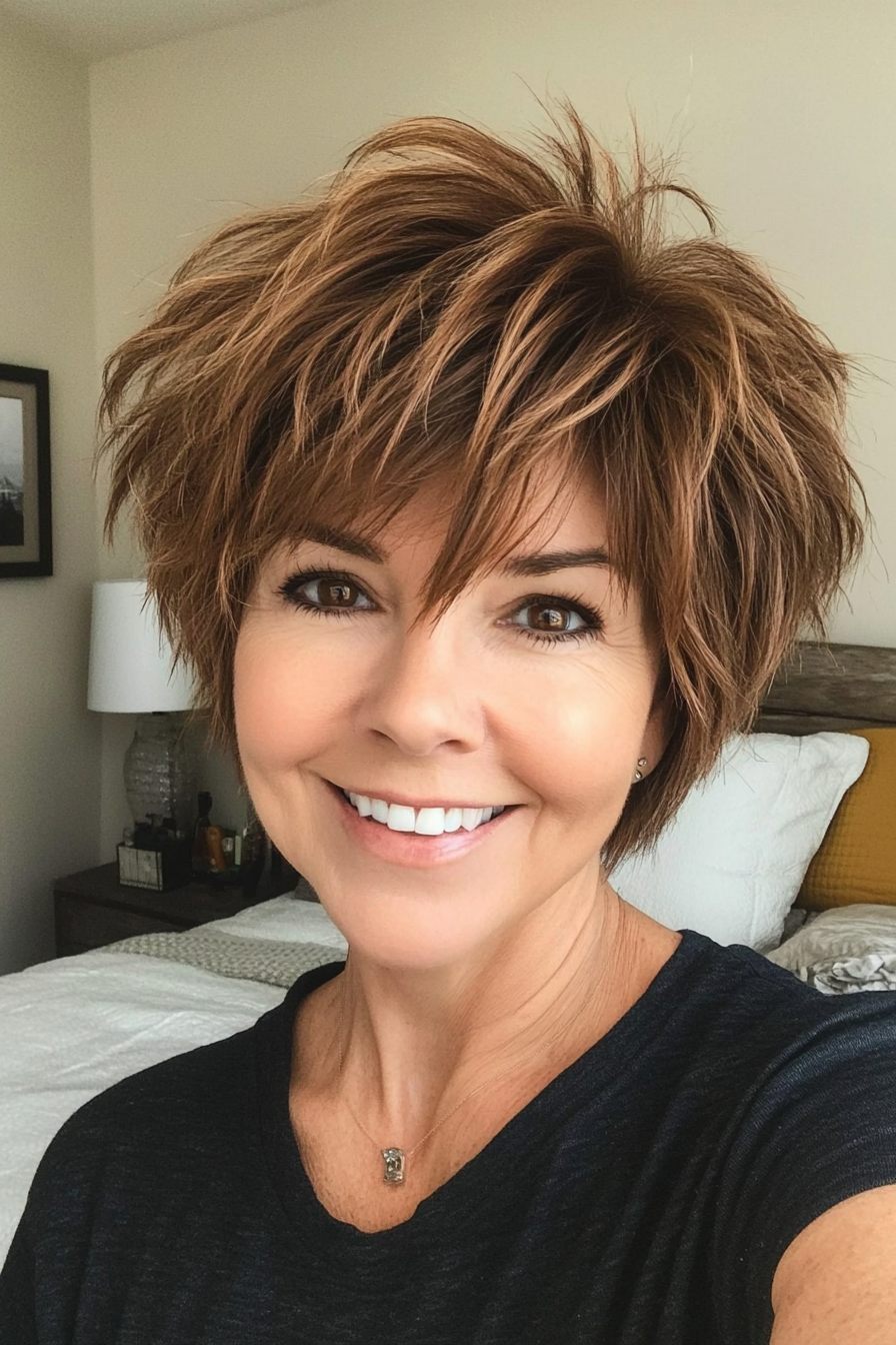 13. Caramel Brown Shaggy Pixie (Pixie Hairstyles For Women Over 50) - Pixie Hairstyles For Women Over 50