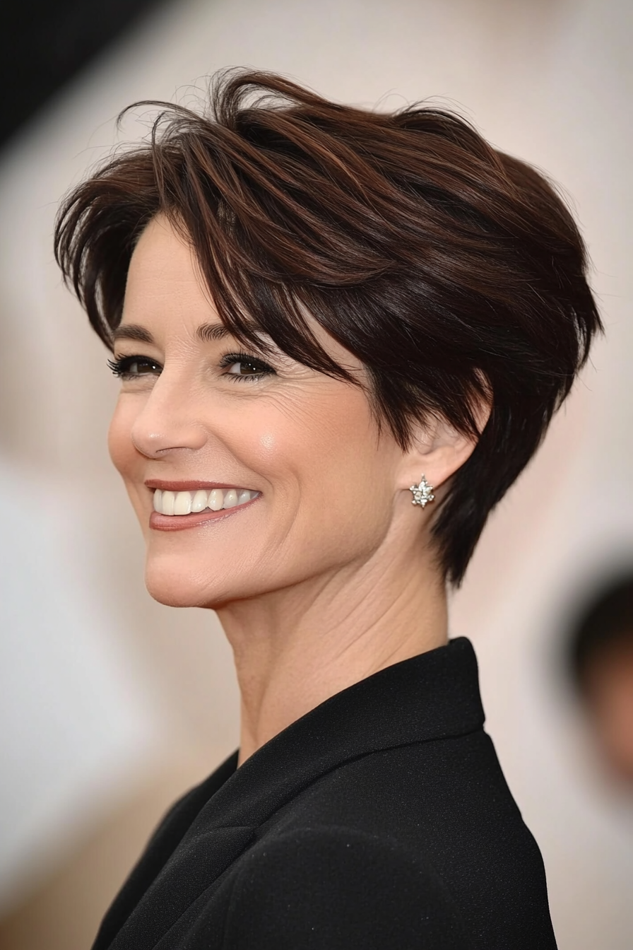 16. Dark Mahogany Layered Pixie (Pixie Hairstyles For Women Over 50) - Pixie Hairstyles For Women Over 50