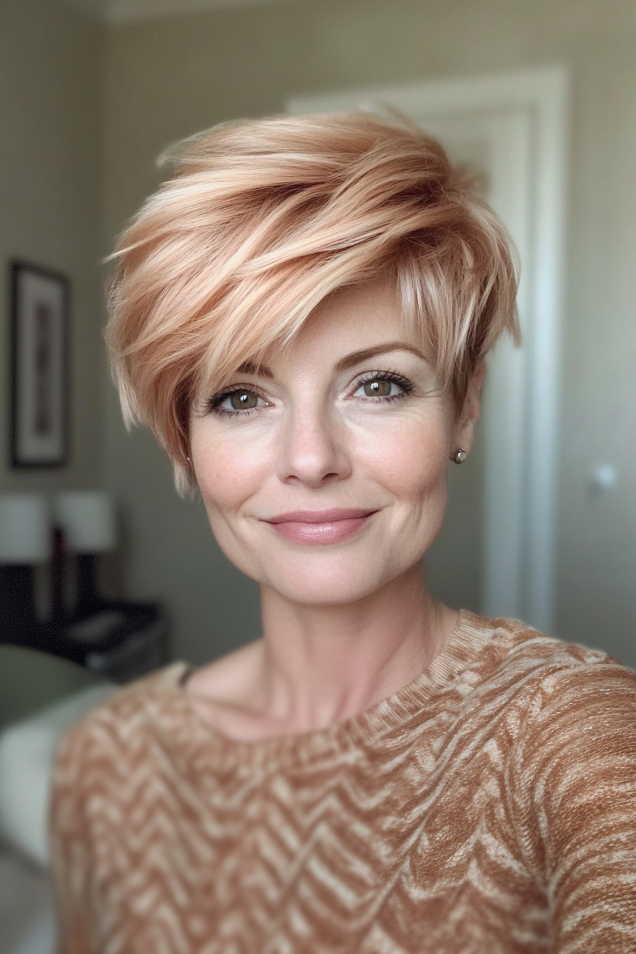 21. Strawberry Blonde Layered Pixie (Pixie Hairstyles For Women Over 50) - Pixie Hairstyles For Women Over 50