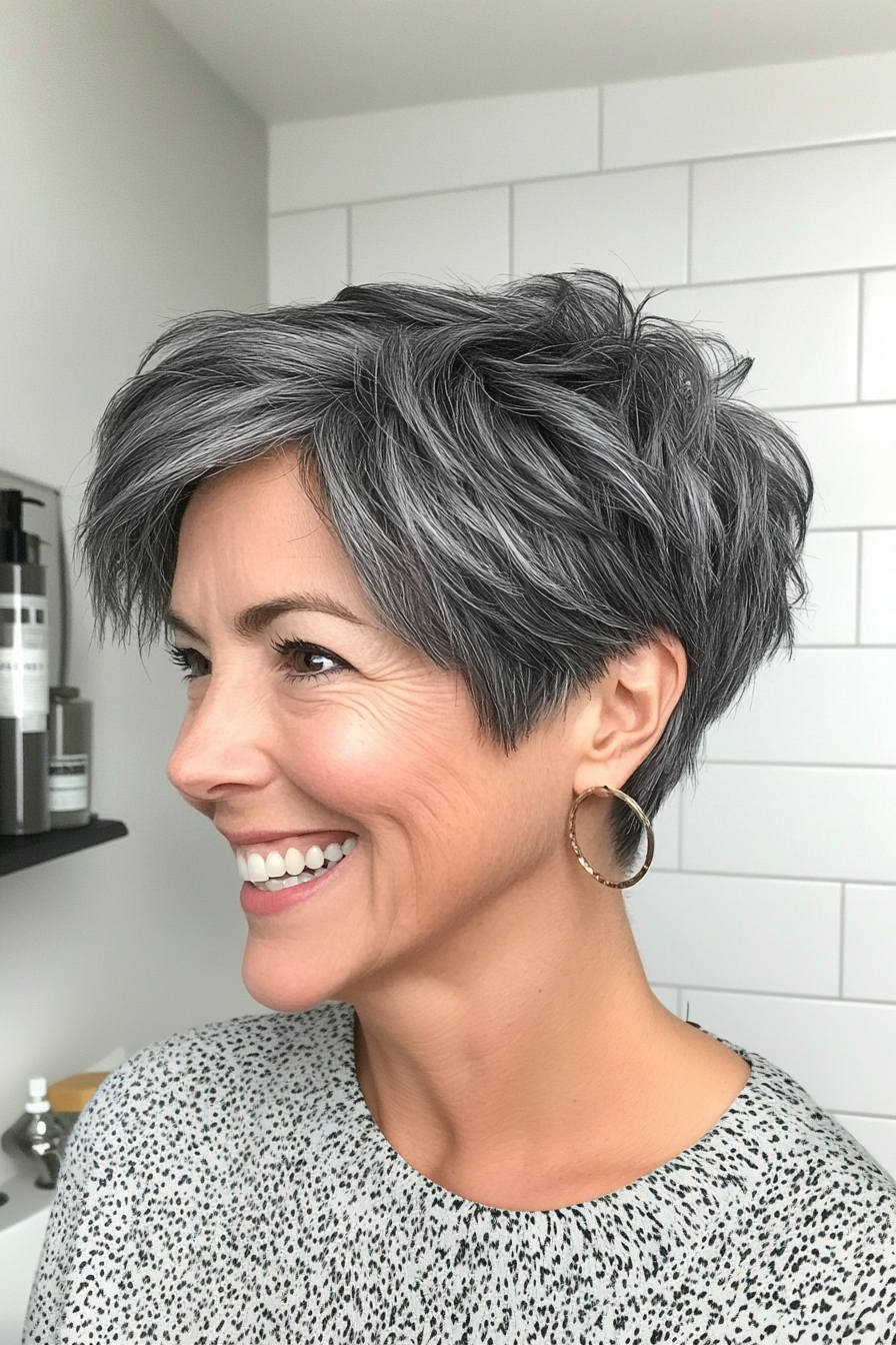 24. Charcoal Gray Textured Pixie (Pixie Hairstyles For Women Over 50) - Pixie Hairstyles For Women Over 50