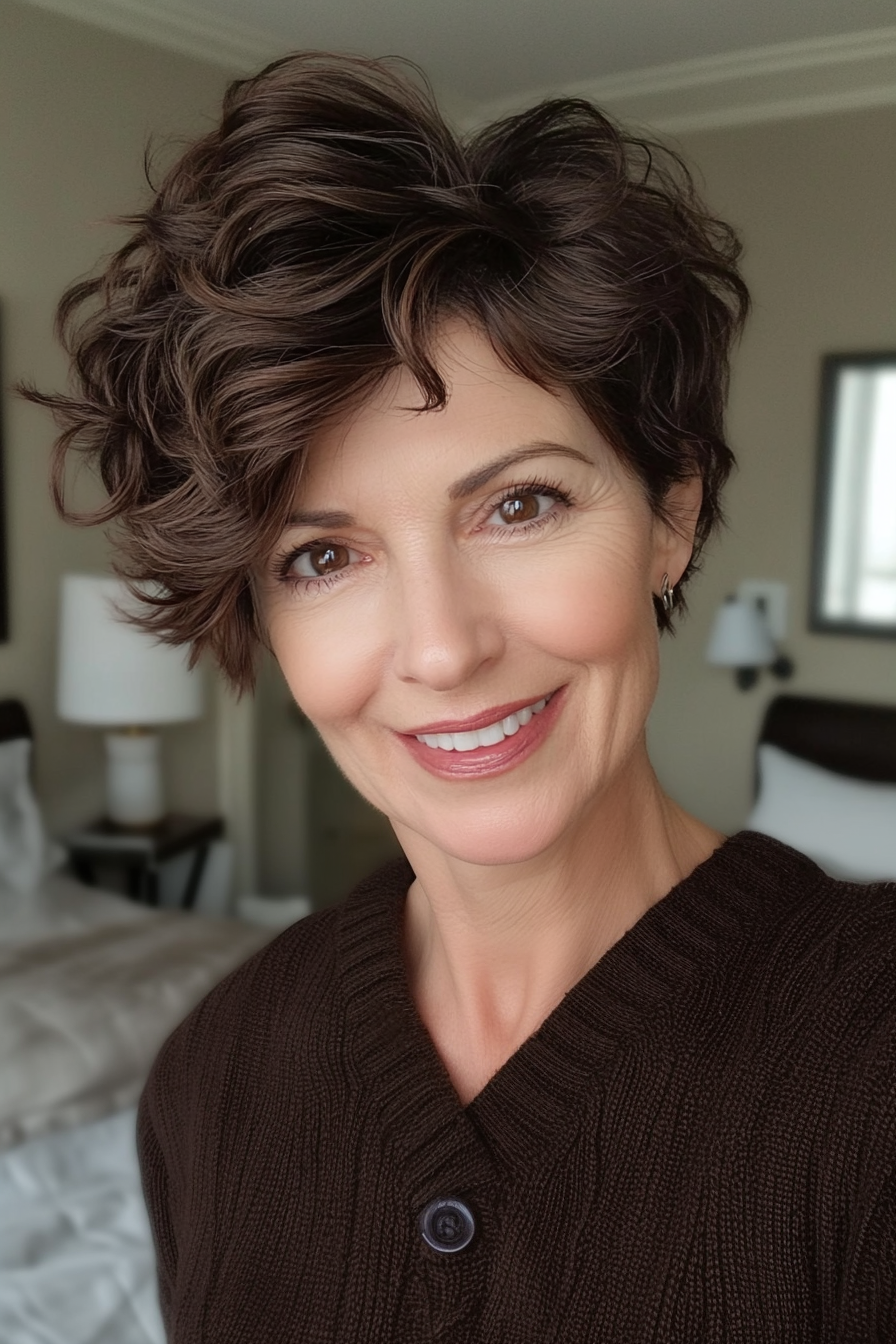 26. Dark Chocolate Wavy Pixie (Pixie Hairstyles For Women Over 50) - Pixie Hairstyles For Women Over 50