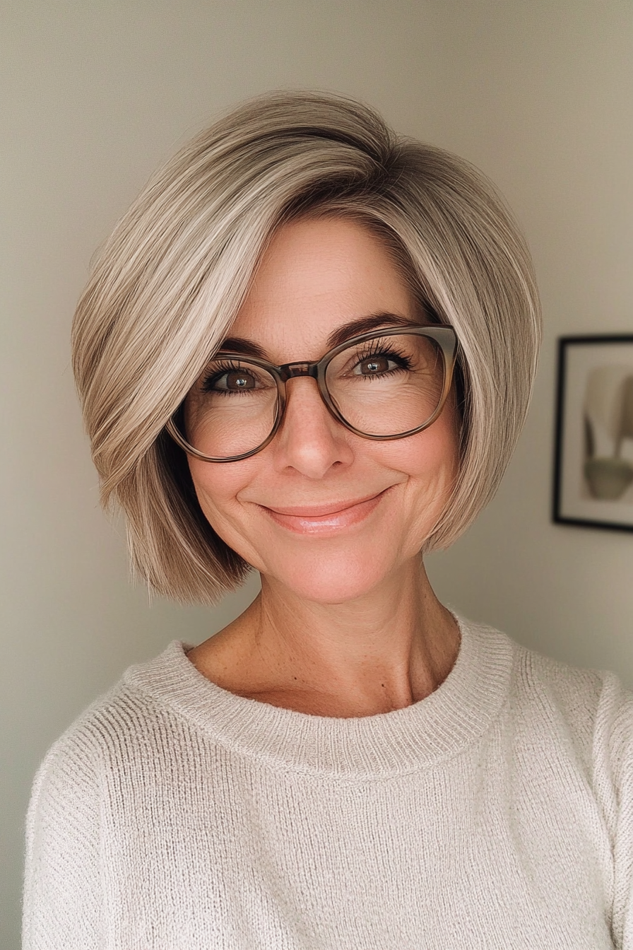 2. Layered Bob with Ash Blonde (Short Hairstyles For Women Over 50 With Glasses) - Short Hairstyles For Women Over 50 With Glasses