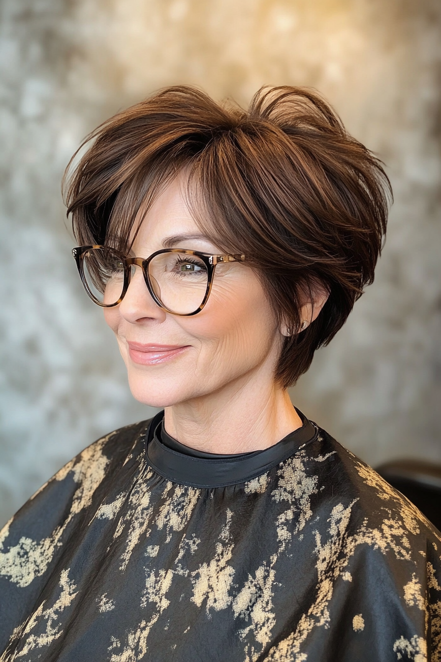 3. Soft Shag with Warm Brunette Tones (Short Hairstyles For Women Over 50 With Glasses) - Short Hairstyles For Women Over 50 With Glasses
