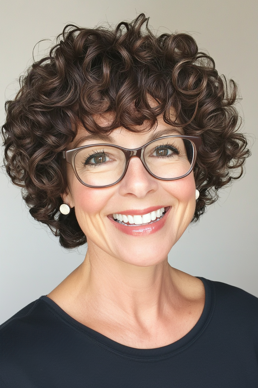 4. Curly Crop with Dark Chocolate Brown (Short Hairstyles For Women Over 50 With Glasses) - Short Hairstyles For Women Over 50 With Glasses