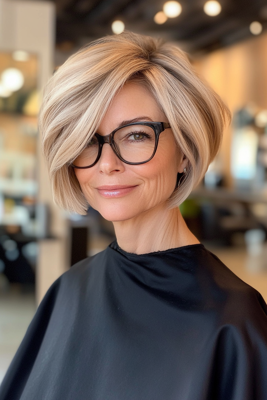 5. Asymmetrical Bob with Sandy Blonde (Short Hairstyles For Women Over 50 With Glasses) - Short Hairstyles For Women Over 50 With Glasses