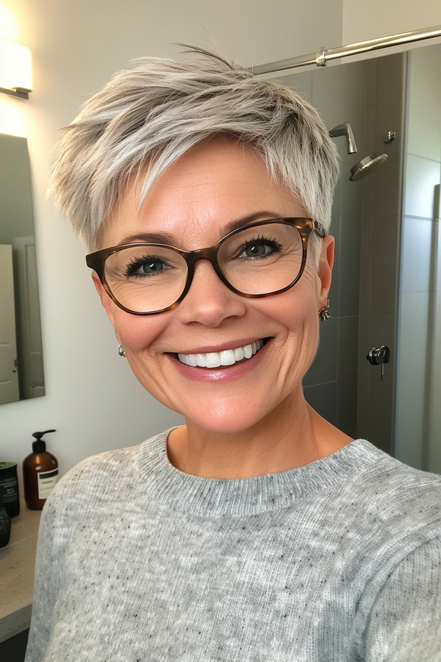 6. Feathered Pixie with Salt-and-Pepper Blend (Short Hairstyles For Women Over 50 With Glasses) - Short Hairstyles For Women Over 50 With Glasses