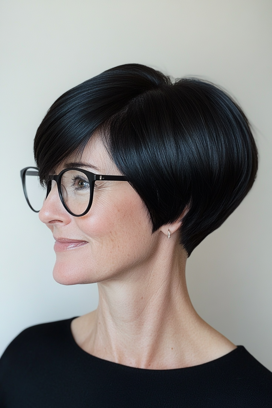 10. Modern Bowl Cut with Jet Black (Short Hairstyles For Women Over 50 With Glasses) - Short Hairstyles For Women Over 50 With Glasses