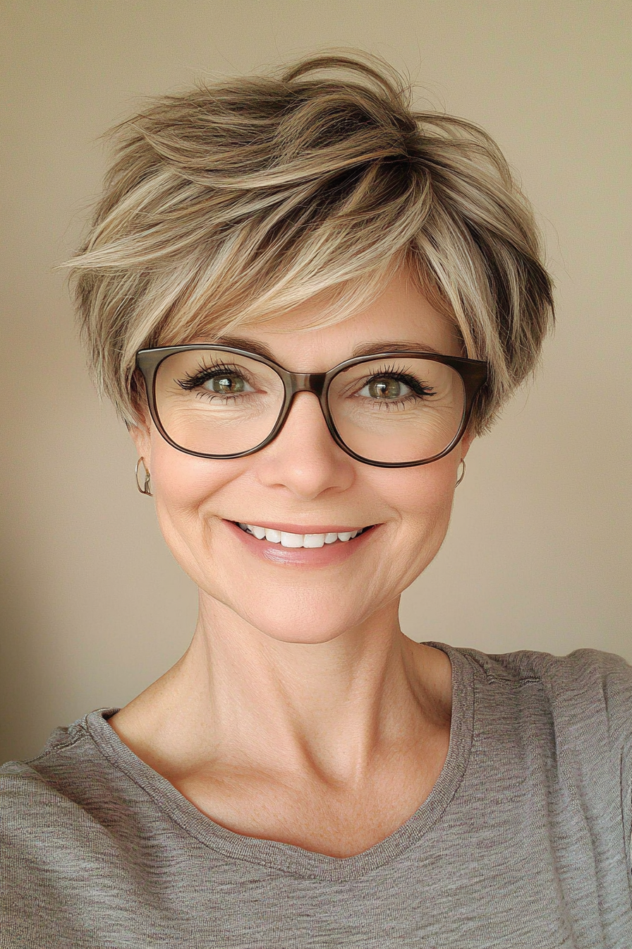 13. Fringed Pixie with Caramel Balayage (Short Hairstyles For Women Over 50 With Glasses) - Short Hairstyles For Women Over 50 With Glasses